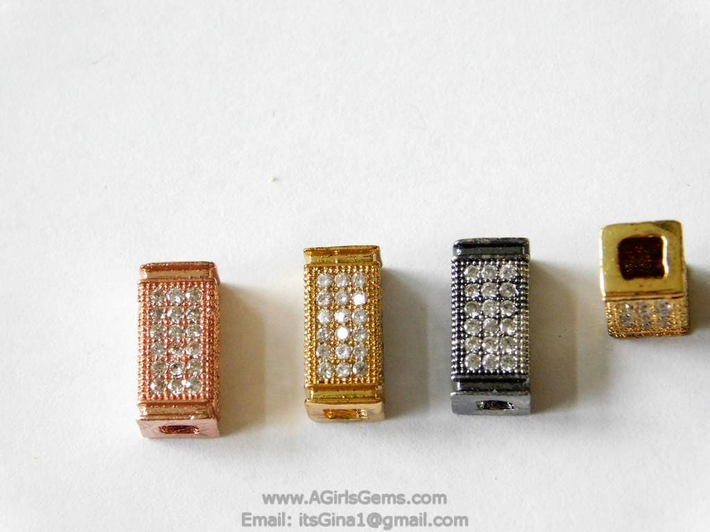 CZ Micro Pave Rectangle Beads, Clear Cubic Zirconia in Rose, Gold, Black Plated, Size 6 x 12 mm Focal Bead Spacers