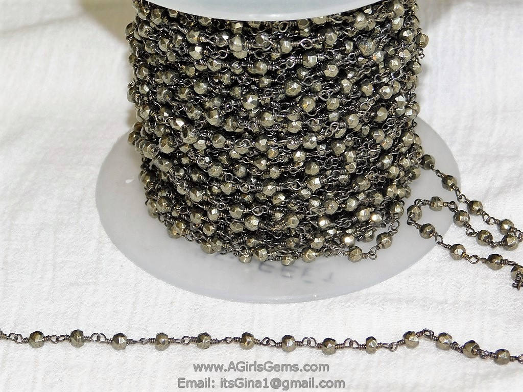 Pyrite Rosary Chain, 4 mm Natural Faceted Pyrite Bead CH #502, Quality Wire Wrapped Chains