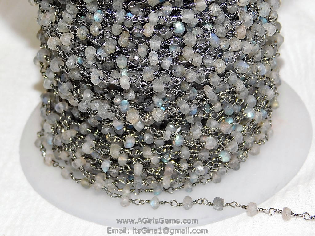 4 mm Natural Labradorite Rosary Chain, Gunmetal Black Wire Wrapped CH #338, Beaded Genuine Labradorite Beads