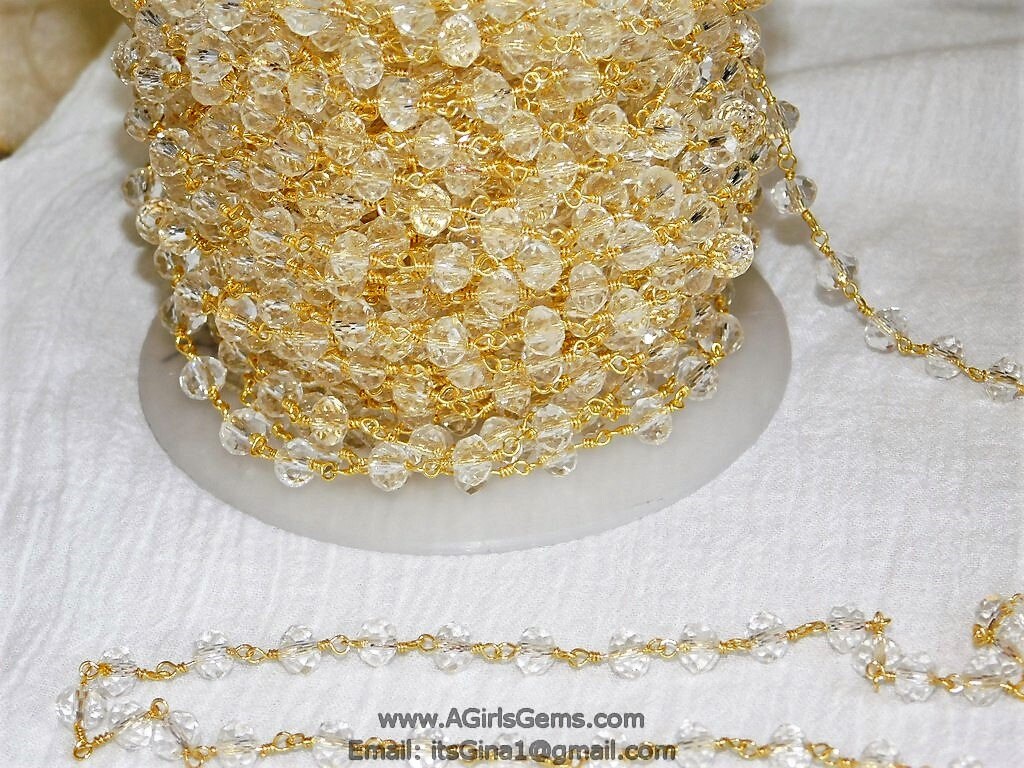 Clear Crystal Rosary Chain, 6 mm Crystal 22k Gold Plated Chain CH #323, Boho Jewelry Chains