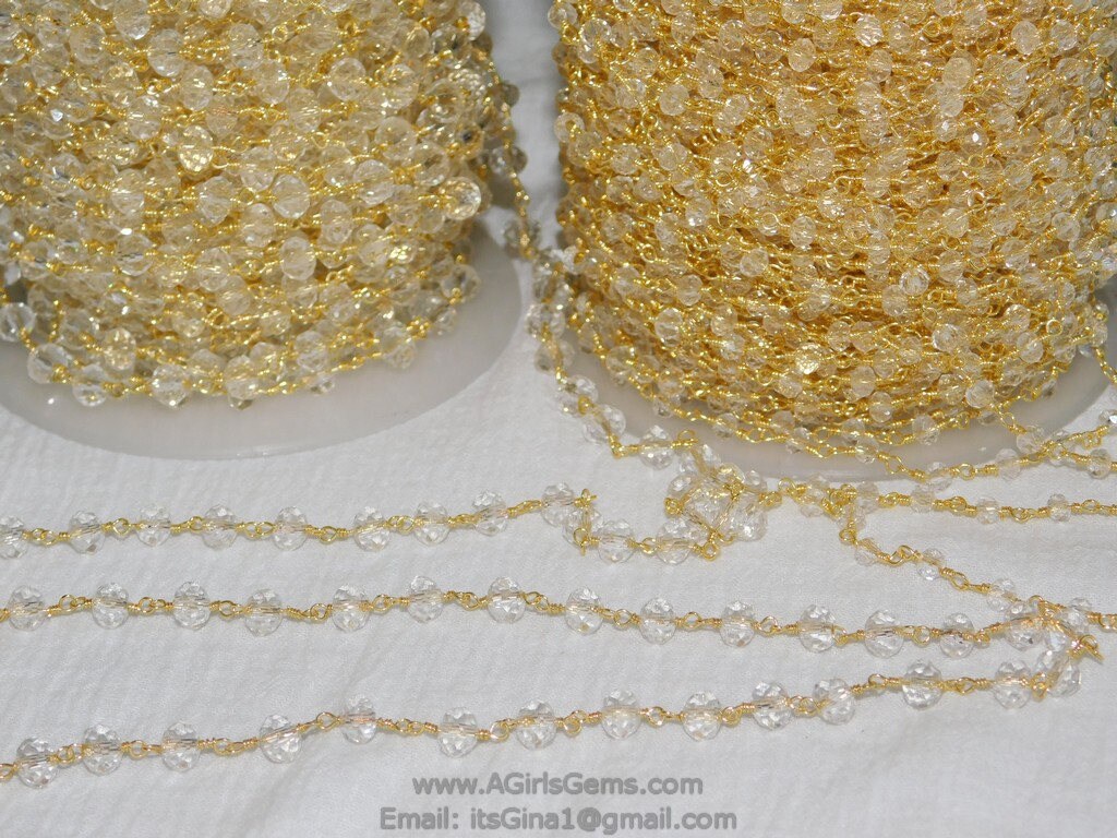 Clear Crystal Rosary Chain, 4 mm Crystal Gold Wire Wrapped Chain CH #329, Unfinished Jewelry Chains