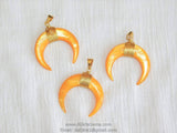 Double Horn Pendant, Crescent Moon Charms, Yellow Shell Medium Pendant/40 mm Gold Wire - Boho Tribal Pendant DIY Jewelry Supplies