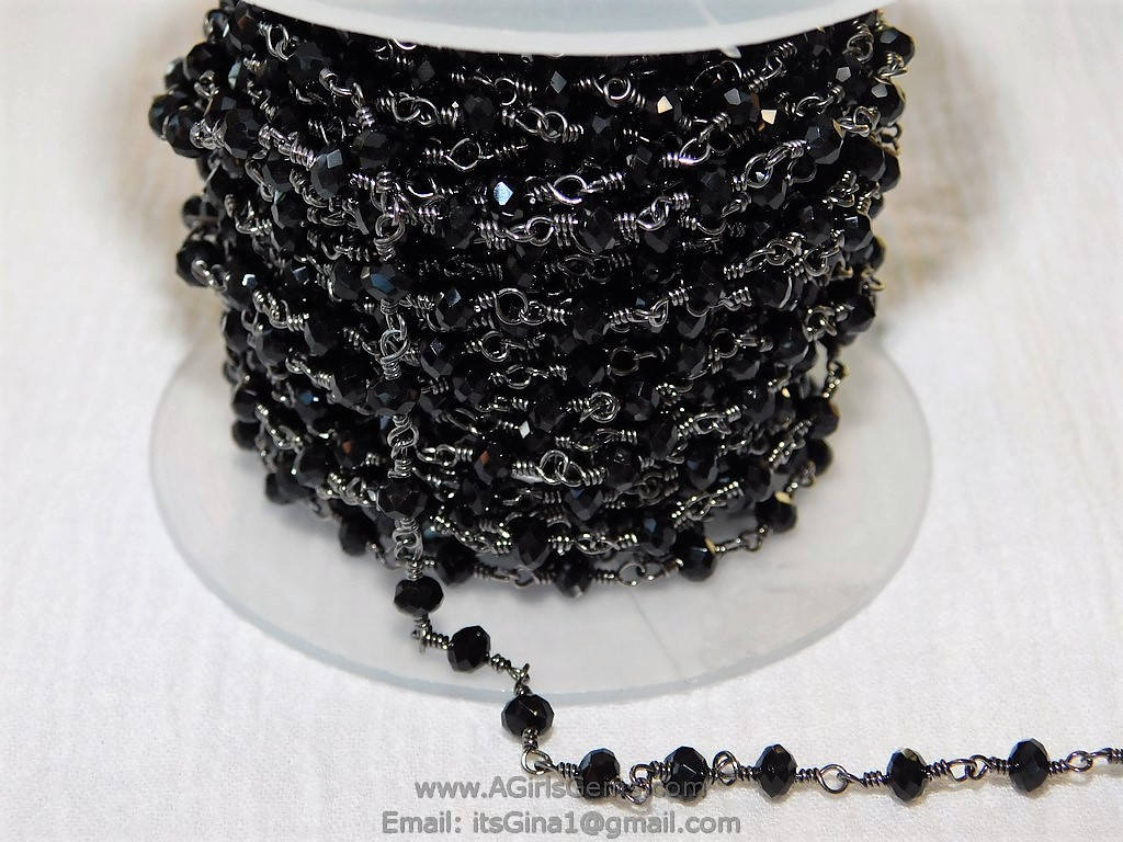 Gunmetal Black Rosary Chain, Crystal Wire Wrapped Chains, 6 mm Faceted Glass Crystal Beads