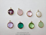 Gold Round Charm Beads, 2 Pcs Charms in Green Rose Pink, Crystal Pink