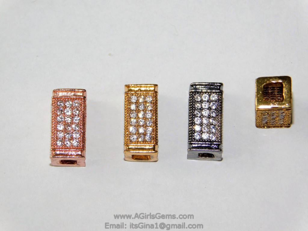 CZ Micro Pave Rectangle Beads, Clear Cubic Zirconia in Rose, Gold, Black Plated, Size 6 x 12 mm Focal Bead Spacers