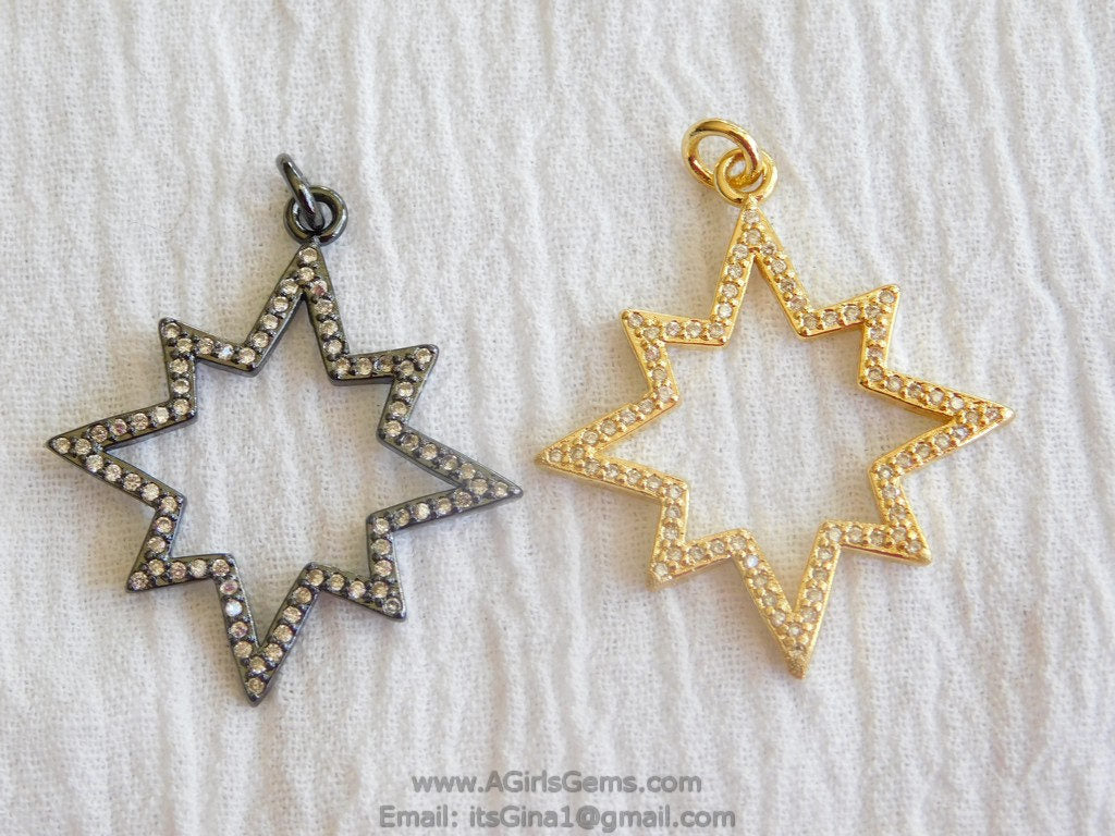 Rose Gold Star Charm Pendants, CZ Micro Pave Large CZ Charms #204, Silver or Black 42 x 45 mm Star