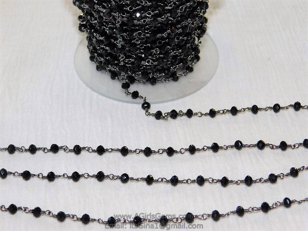 Gunmetal Black Rosary Chain, Crystal Wire Wrapped Chains, 6 mm Faceted Glass Crystal Beads