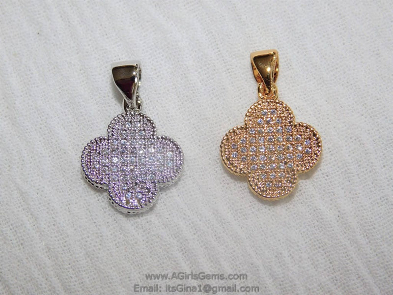 CZ Clover Quatrefoil Charm, Micro Pave Gold or Silver Cross Shape Charms 
