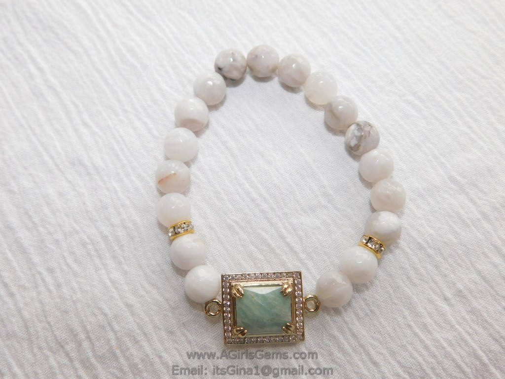 White Agate Bracelet CZ Amazonite Stretchy Stackable Crystal Bracelet by Regina Harp Designs - A Girls Gems