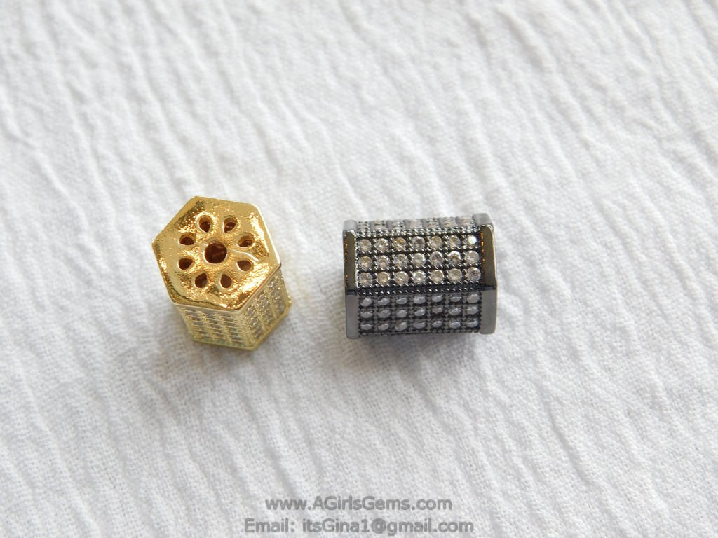 CZ Micro Pave Hexagon Tube Beads, 10 x 13 mm CZ Micro Pave 18 K Rose Gold/Gold and Black Pave CZ, Large Hole Beads, Men's Jewelry Beads