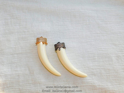 CZ Micro Paved Horn Pendant with CZ Dangles, Tusk Charms Boho Findings, Gold - A Girls Gems