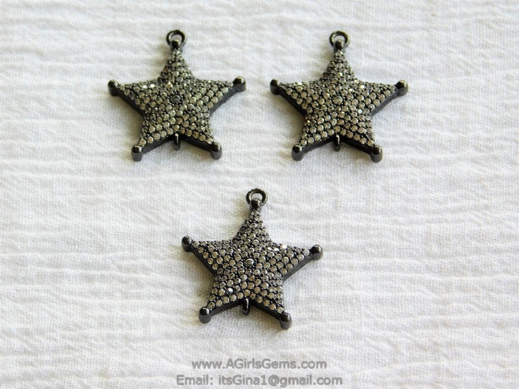 Black CZ Pave Star Pendant, Cubic Zirconia Starburst Connector Charms, Gold, Rose, Silver 2 Loops