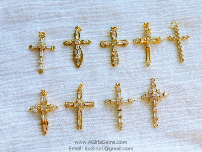 Medium CZ Cross Gold Cubic Zirconia Cross Gold Plated CZ Cross for Chain Loop for Bracelet Necklace Rosary Bracelet AGGSM198 - A Girls Gems