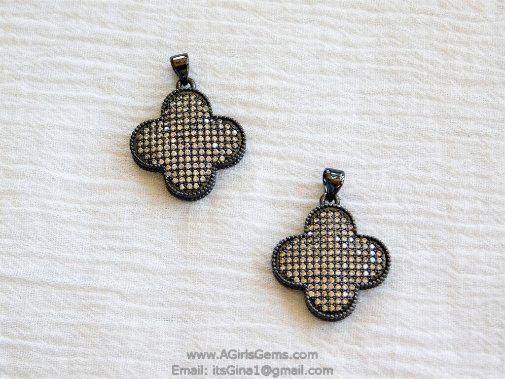CZ Micro Pave Clover Charms, Gunmetal Black Plated Quatrefoil Pendant for Necklaces Bracelets Earring Findings, Cubic Zirconia Cross Shape
