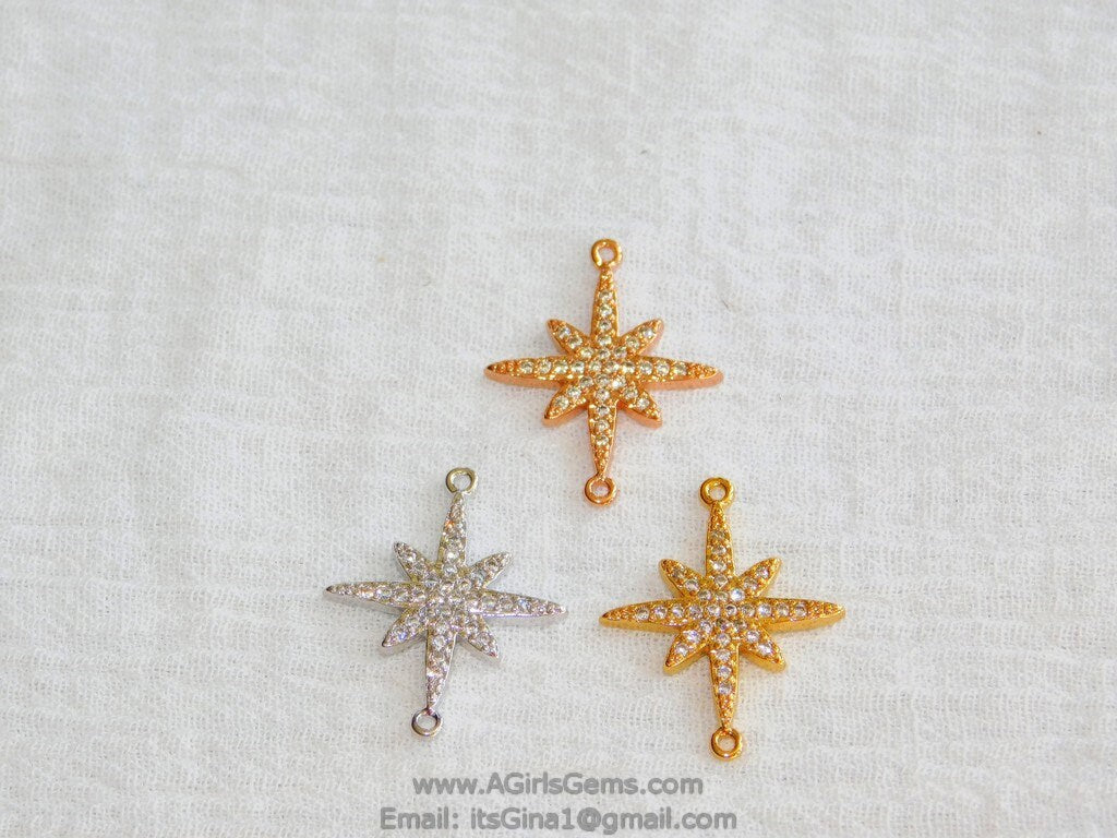 Starburst Connector Charm Bead CZ Micro Pave Star Bracelet Connector - North Star Charm Connector Necklace Charms