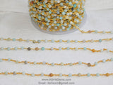 Natural Light Amazonite Rosary Chain, 4 mm Gold Wire Wrapped Chain CH # 354, By The Foot