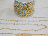 Natural Light Amazonite Rosary Chain, 4 mm Gold Wire Wrapped Chain CH # 354, By The Foot