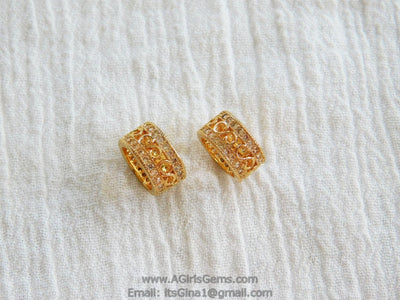 CZ Micro Pave Tube Bead 6 mm x 10 mm Bead  Gold Plated - A Girls Gems