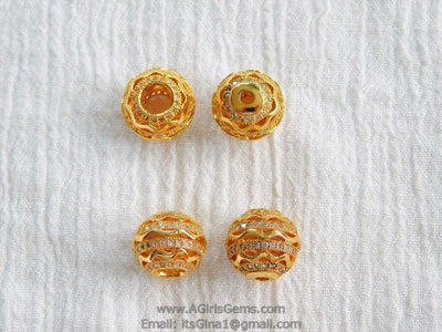 10 mm Filigree Round Micro Paved Bead, Gold Large or Small Hole Round Bead, Cubic Zirconia Paved Spacers - A Girls Gems