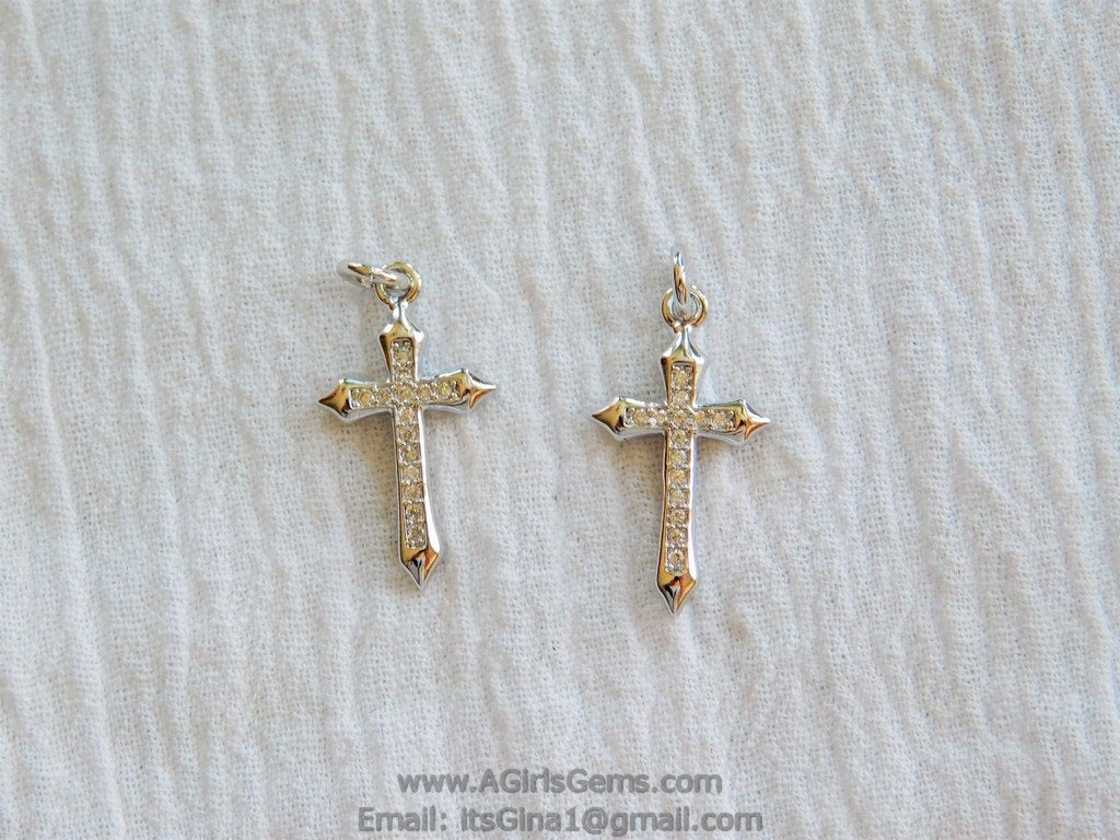 CZ Pave Cross Charms, Small Silver Cross Pendants #191, Dainty Cross 12 x 21 mm, Rosary Chain Chokers and Necklaces - A Girls Gems