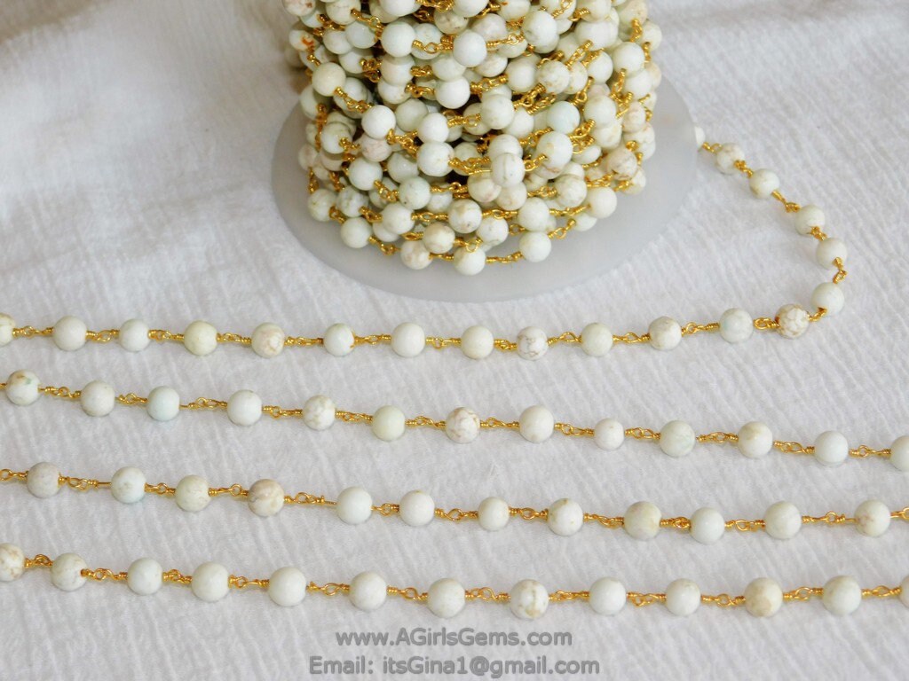 6 mm Matte White Turquoise Chain, Beige Magnesite Rosary Chain CH #369, Gold Wire Wrapped Chains