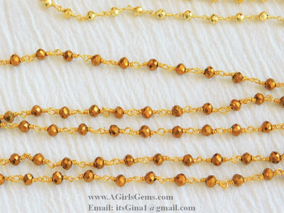 Pyrite Rosary Chain, 4 mm Natural Faceted Antique Gold Pyrite Bead, Quality Wire Wrapped Chains, Gold Bead Plated Rosary Chain by the Foot