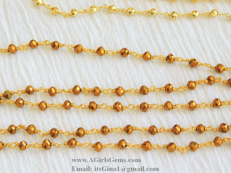 Pyrite Rosary Chain, 4 mm Natural Faceted Antique Gold Pyrite Bead, Quality Wire Wrapped Chains, Gold Bead Plated Rosary Chain by the Foot