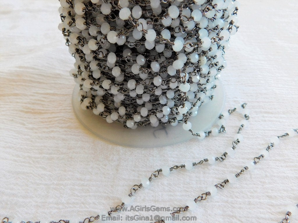 White Chalcedony Gunmetal Black Rosary Chain, Wholesale 6 mm Chains for Jewelry Making, By The Foot