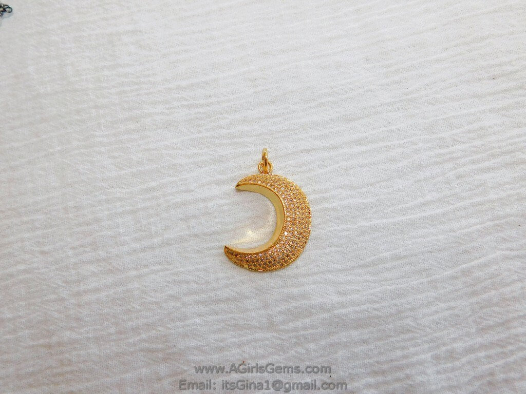 CZ Gold Plated Clear CZ  Moon Pave Bead Half Moon Quarter Moon Pendant Cubic Zirconia Pendant DIY Necklace - A Girls Gems