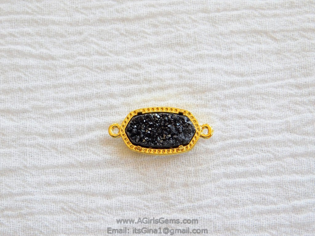 Gold plated Black Druzy Bar Oval Pendant Connector Bead - A Girls Gems