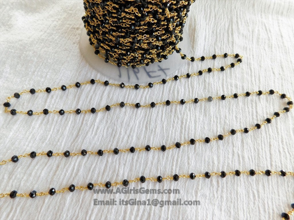 22 k Gold Black Rosary Chain, 4mm Beaded Rosary Chain CH #343, Wire Wrapped Rondelle Beads