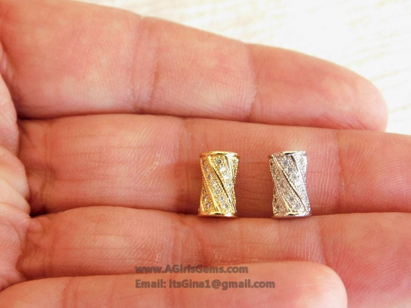 CZ Micro Paved Tube Beads, Clear Cubic Zirconia 6 x 10 mm Gold Plated Focal Bead Spacers - A Girls Gems