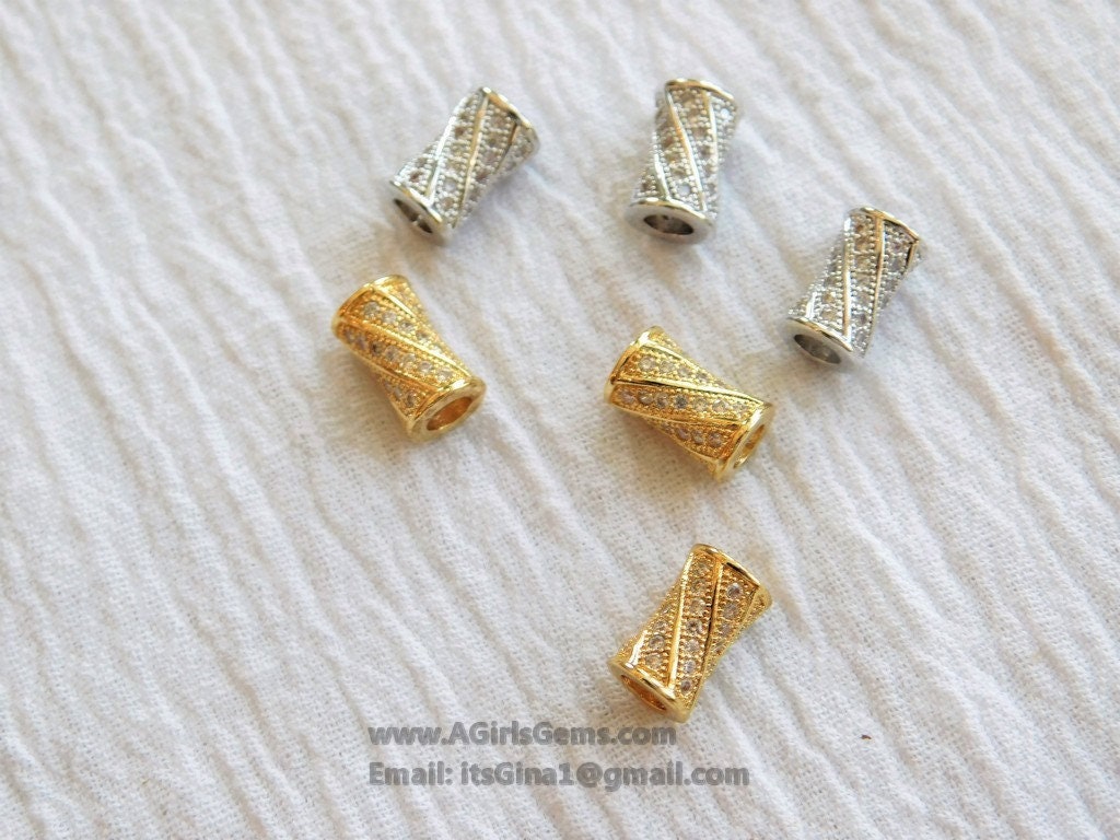 CZ Micro Paved Tube Beads, Clear Cubic Zirconia 6 x 10 mm Gold Plated Focal Bead Spacers - A Girls Gems
