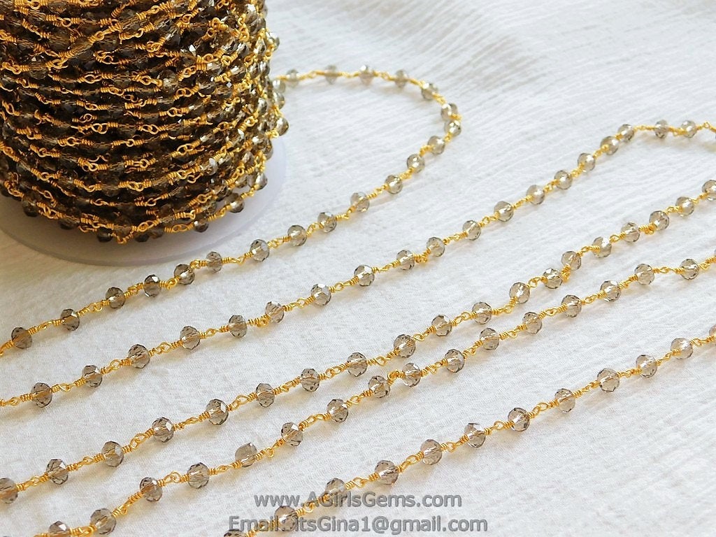 Smoky Grey Rosary Chain 6 mm Crystal 22k Gold Plated Chain for