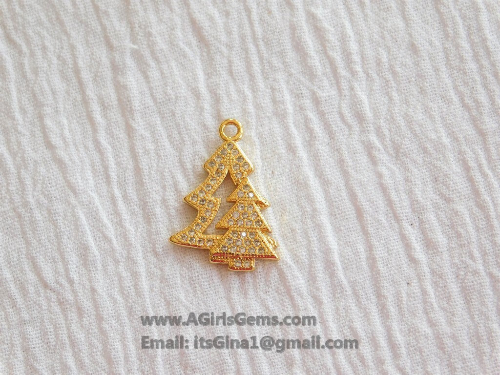 CZ Micro Pave Christmas Tree Charms, Gold Double Christmas Tree Pendants for Bracelet Necklace Jewelry Making