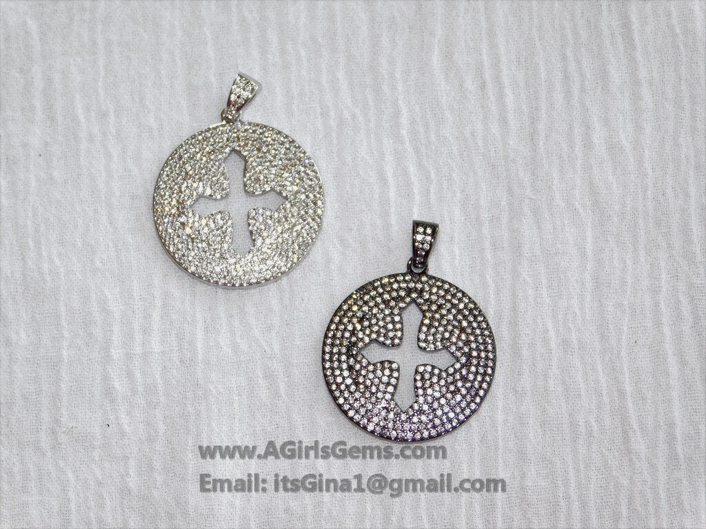 Round Disc Cross Pendant, CZ Micro Pave Cross 18 k Gold/Silver/Black Rhodium Plated Beads Cubic Zirconia Paved Holy Cross for Jewelry Making