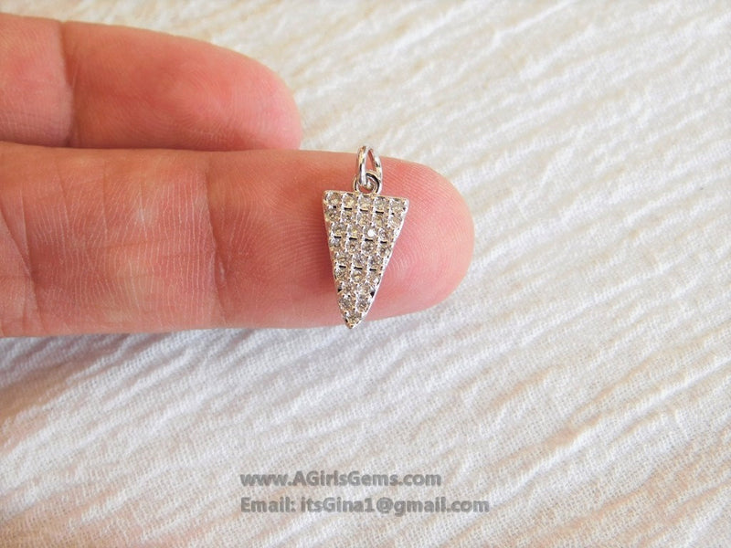 CZ Micro Pave Triangle Charm Silver Tiny Charm Pendants, Micro Pave Triangle Charms Cubic Zirconia Arrow Dangle 8 x 15 mm - A Girls Gems