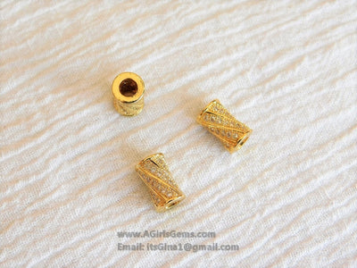 CZ Micro Paved Tube Beads, Clear Cubic Zirconia 6 x 10 mm Gold Plated Focal Bead Spacers - A Girls Gems