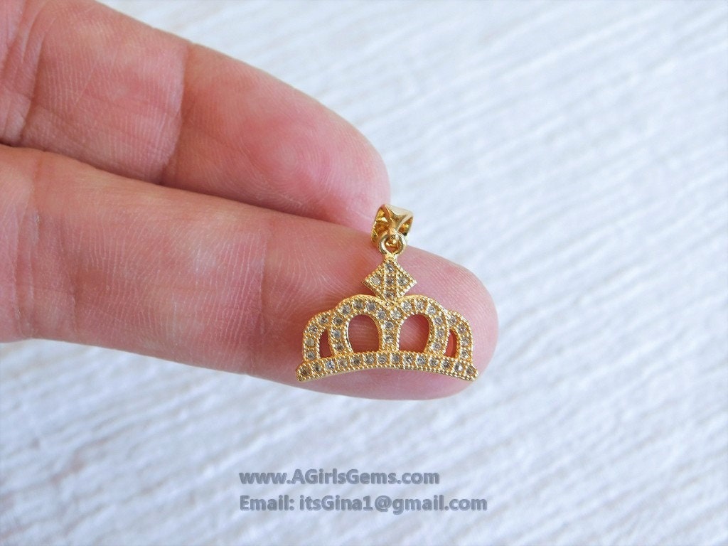 CZ Crown Charm, Tiara Cubic Zirconia Pendant Micro Paved Gold 17 x 19 mm, #265 Charm for Bracelet Necklace - A Girls Gems