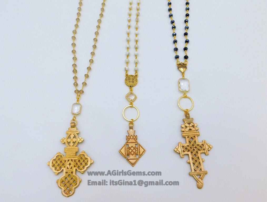Gold Rosary Cross Necklace, Smoky Rosary Gold Brass Ethiopian Cross, Long Rosary Necklace - A Girls Gems