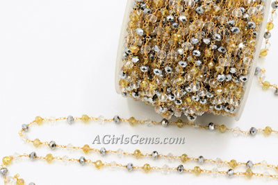 Crystal Rosary Chain, 22 K Gold Wire Wrapped Clear. Silver Gold AB Pink Opal Multi Color Beaded Necklace Chain 6 mm Bulk Wholesale Store - A Girls Gems