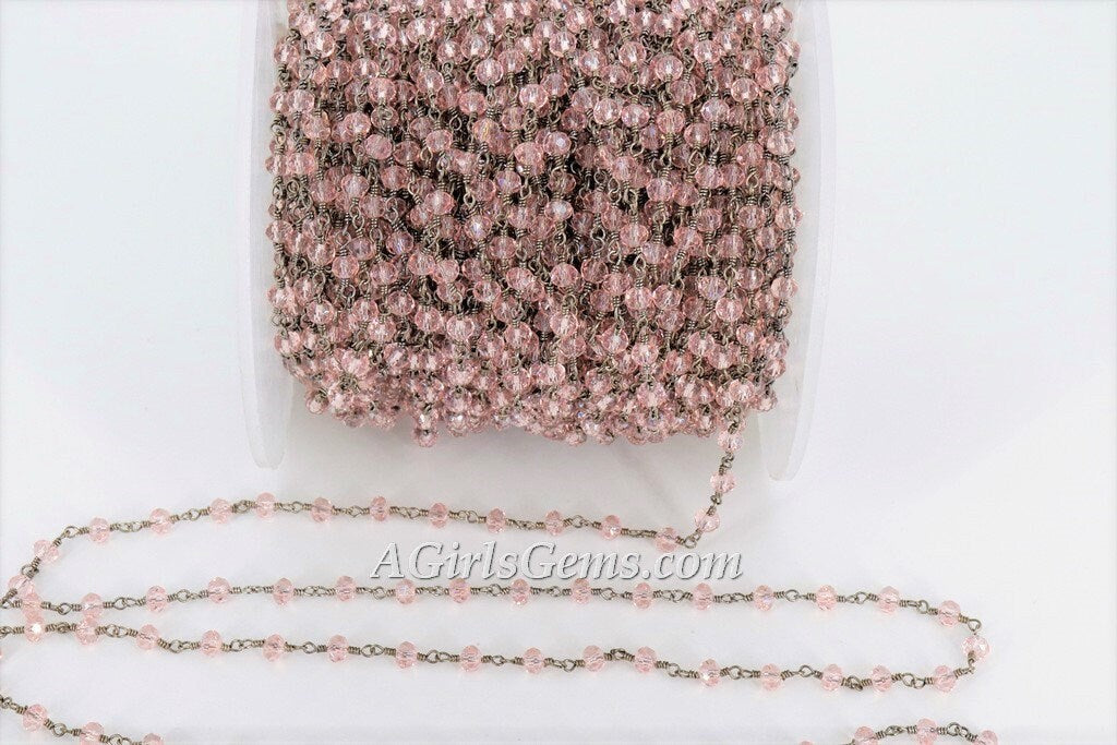 Pink Crystal Rosary Beaded Rosary Chain, Gunmetal Black 4 mm Rondelle Religious Bulk Chains for Rosary Necklace/Bracelet Jewelry Supplies - A Girls Gems