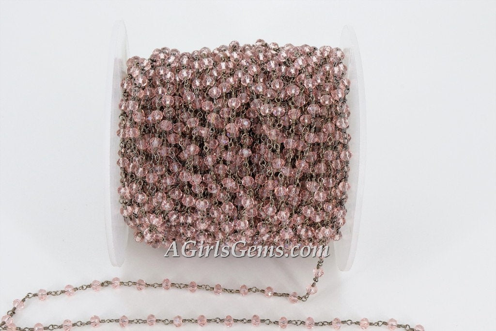 Pink Rosary Crystal Black Chain, 4 mm Rondelle Wire Wrapped CH #332, Religious Jewelry Chains