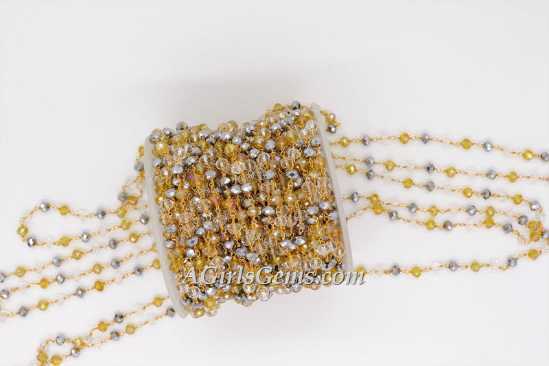Crystal Rosary Chain, 22 K Gold Wire Wrapped Clear. Silver Gold AB Pink Opal Multi Color Beaded Necklace Chain 6 mm Bulk Wholesale Store - A Girls Gems