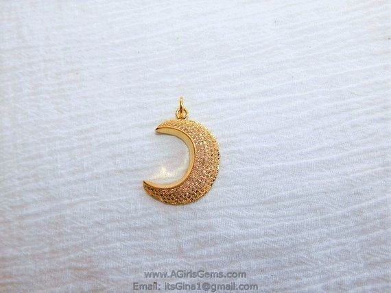 CZ Micro 18 k Gold Plated or Gunmetal Black Crescent Moon Pendant - A Girls Gems
