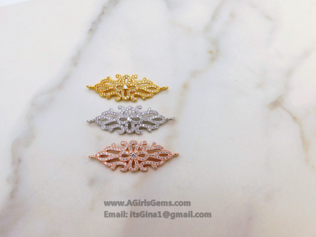 Flower Charm Connectors, CZ Pave Filigree Bracelet Bar Connector, 18 k Rose/Gold/Silver Rhodium Plated Bar Charms, Wedding Party Gift Charms - A Girls Gems