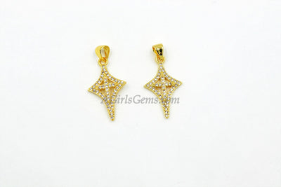 Micro Pave Cross Kite Charm CZ Pendant Bead, Cubic Zirconia Gold Plated Diamond Shape Charms - A Girls Gems