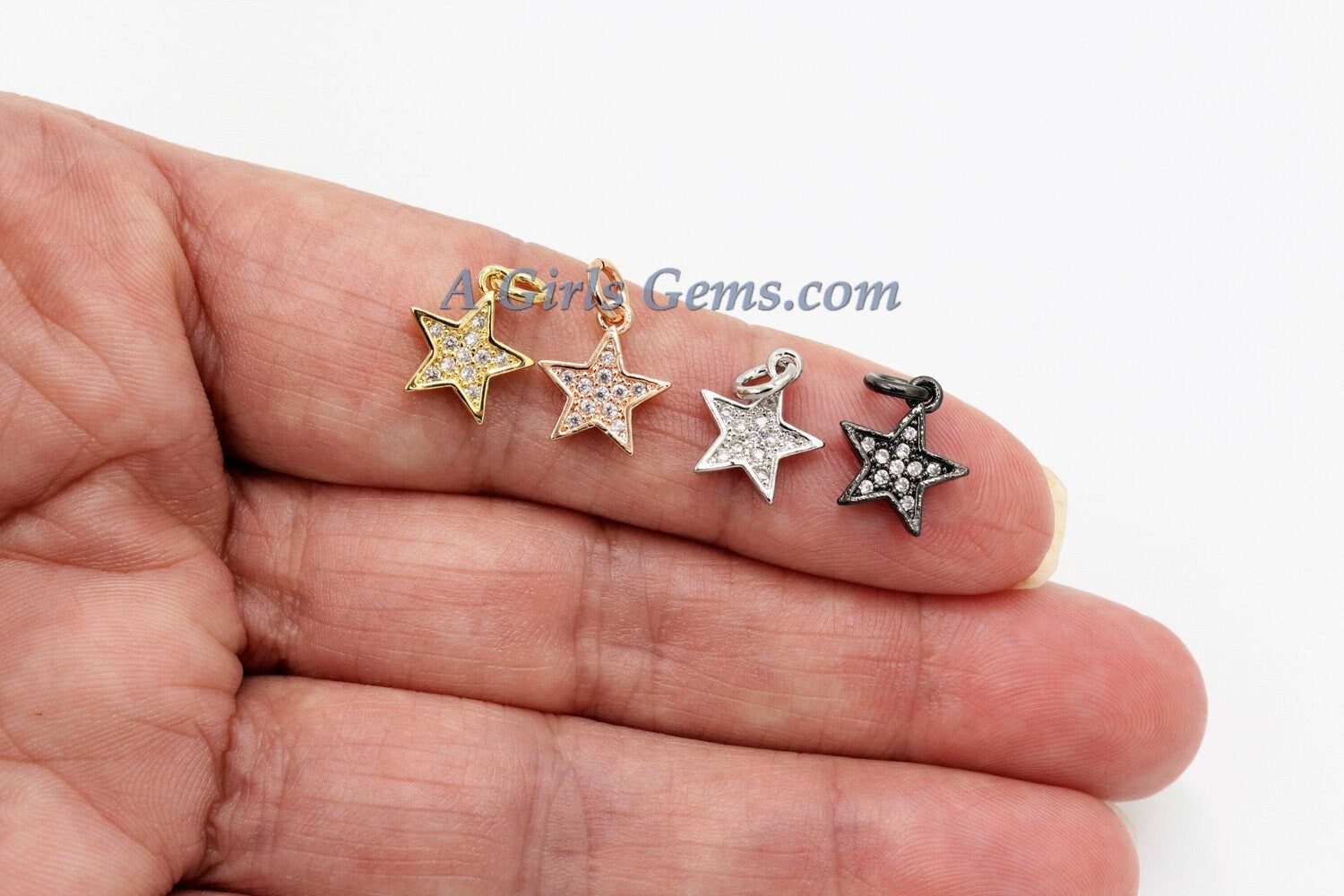 Micro Pave CZ Star Charm 3 pcs Bead Dangles, Cubic Zirconia Gold Plated Small Mini Stars AGGSM60