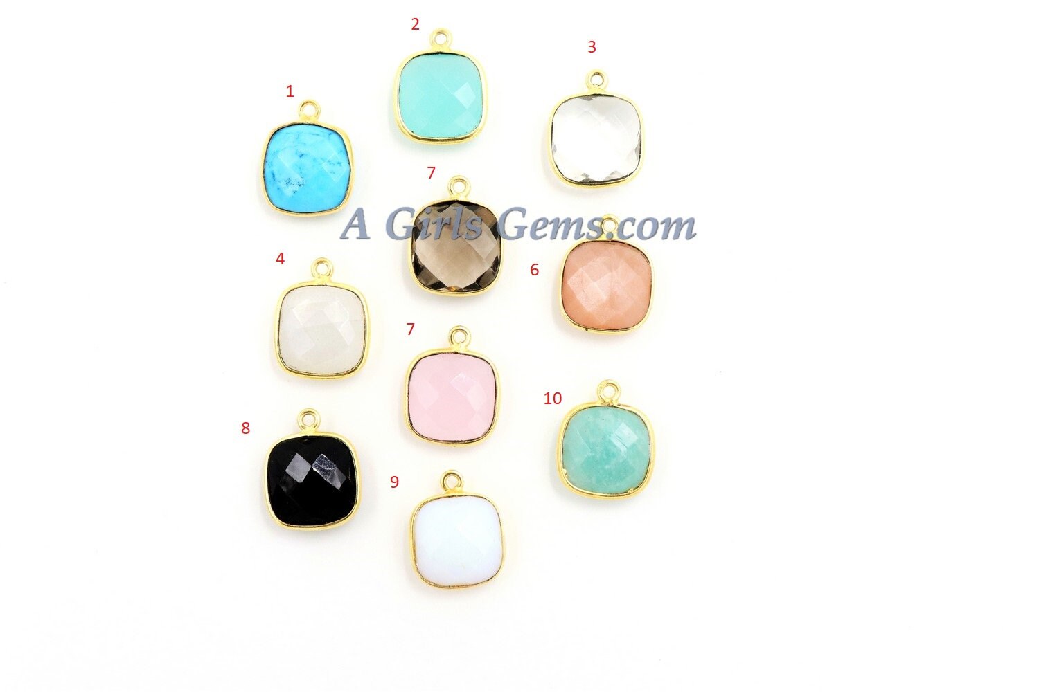 Square Charms, Gold Plated Gemstone Charms, Small Birthstone Pendants 14 x 16 mm