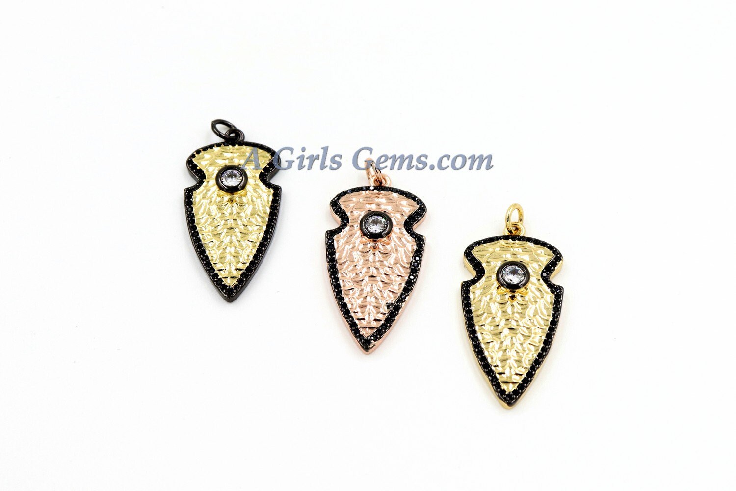 CZ Micro Pave Arrowhead Charms, Gold Triangle Charms #262, Rose and Silver Arrow Charms